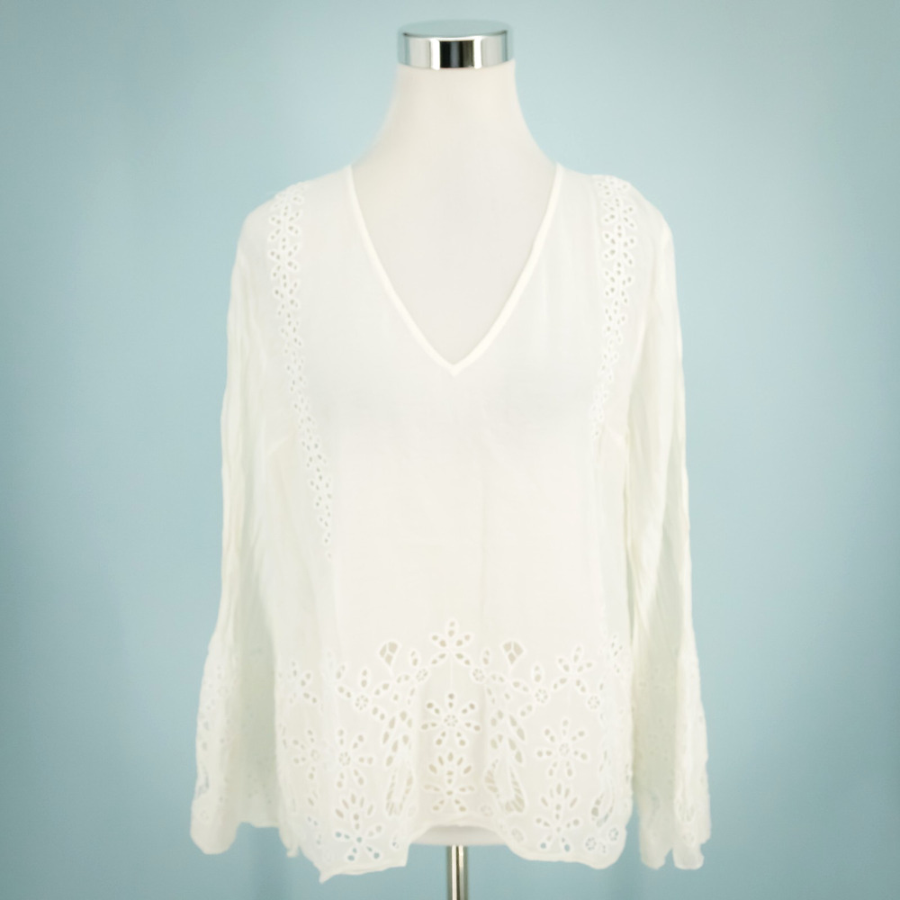 Johnny Was Jade Size Small S White Eyelet Embroidered V Neck Cotton Silk Top